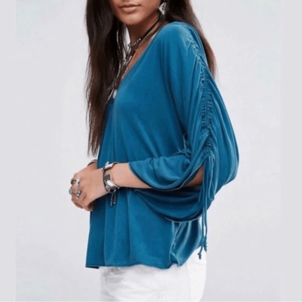 Free People Blue Puff Sleeve Blouse Relaxed Ruched